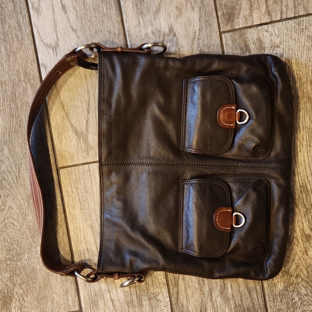 Nino Bossi Chocolate Brown Pebble Leather Hobo Bag - Floral Lining